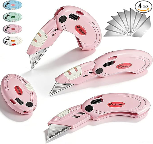 Box Opener with 10 Extra Blades,Mini Box Cutter with Button Lock Mechanism,Razor Blades Utility Knife for Opening Daily Express Boxes, Packages, Envelopes,Paper tapes,Pink,4 Pcs.
