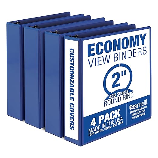 Samsill 2 Inch 3 Ring Binders, Economy Round Ring, Clear View Cover, 425 Sheet Capacity - for School, Home, Office - Blue, 4 Pack