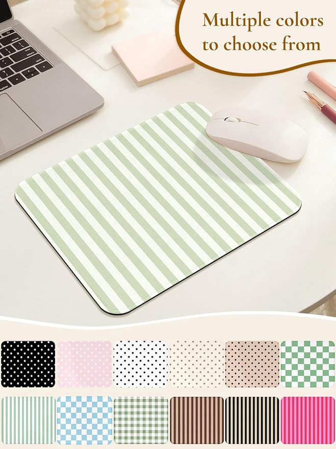 Square Cute Striped Mouse Pad with Stitched Edge, Premium Waterproof Cloth Aesthetic Small Stripe Mouse Mat, Non-Slip Rubber Base Funny Mousepad Desk Accessories,Striped Green Beige