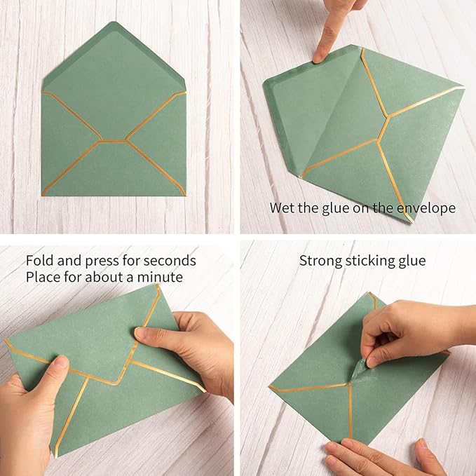 100 Pack A7 Envelopes 5 x 7 Card Envelopes V Flap with Gold Border for Office, Wedding Gift Cards, Invitations, Graduation, Baby Shower, Parties (Sage-Green, 5.32 x 7.28 Inches)