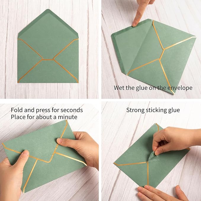 50 Pack A7 Envelopes Sage Green 5 x 7 with Gold Border | Self-Adhesive, V Flap, For Wedding, Graduation, Baby Shower, Parties, Invitations
