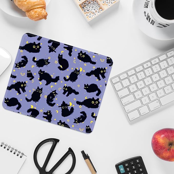 Mouse Pad with Stitched Edges - Cat Night Sky Mousepad for Women, 9.25 x 7.75 inch Washable Square Desk Pad, Non-Slip Rubber Base, Office Home Laptop Accessories - Moonlight Cats
