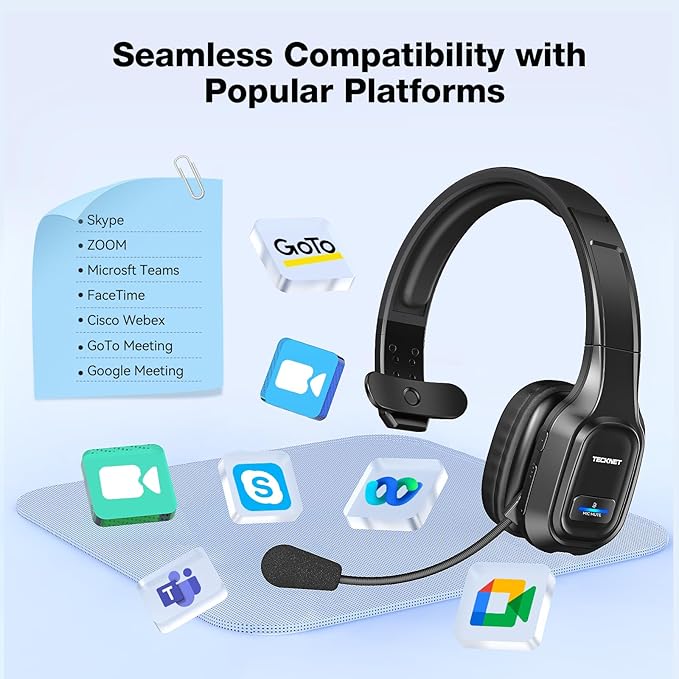 TECKNET Trucker Bluetooth Headset, Trucker Bluetooth Headphones with Microphone AI Noise Canceling Wireless On Ear Headset, Hands Free Wireless Headset for Cell Phone Computer Office Home bright black