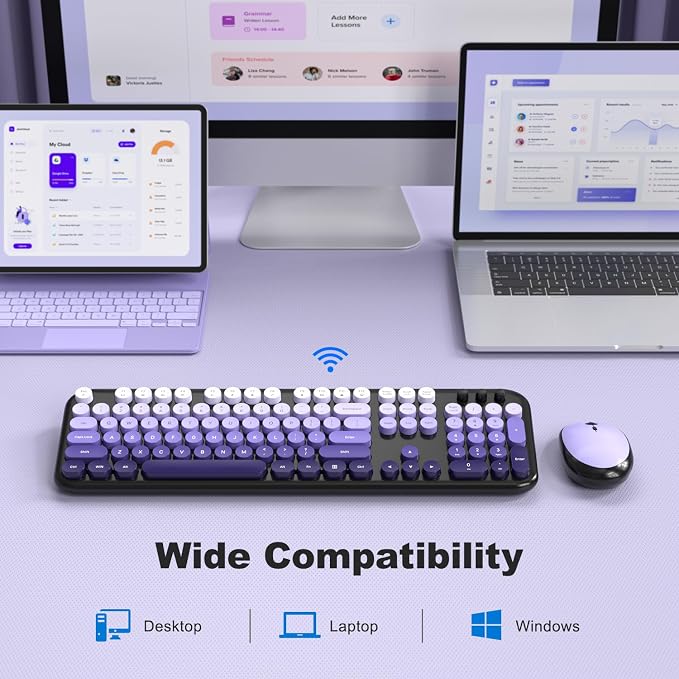 MOFII Wireless Keyboard and Mouse Combo,2.4G Typewriter Keyboard Quiet Mice | Retro Full Size Computer Keyboards,Cute Mouse,USB Dongle Plug and Play, for PC,Laptop,Desktop,Windows (Black Purple Gradient)