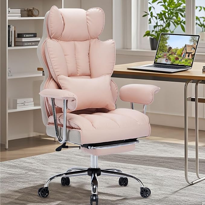 Efomao Big and Tall Office Chair 400LBS - Pink Heavy Duty Executive Office Chair with Footrest, Ergonomic Home Office Desk Chair, Wide Computer Chair for Heavy People | 400lbs support, 135° recline, dual-layer foam cushion, 23.5" seat & footrest. BIFMA