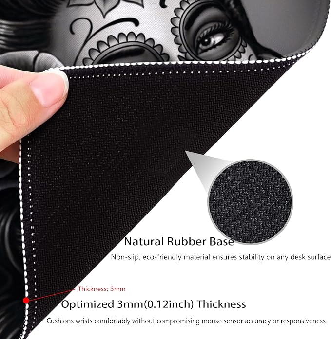 Monochrome Sugar Skull Portrait with Rose Mouse Pad, Durable Desk Mat | Cute Mousepad Stitched, Anti-Slip Base Smooth Surface, 9.5 x 7.9 Inches
