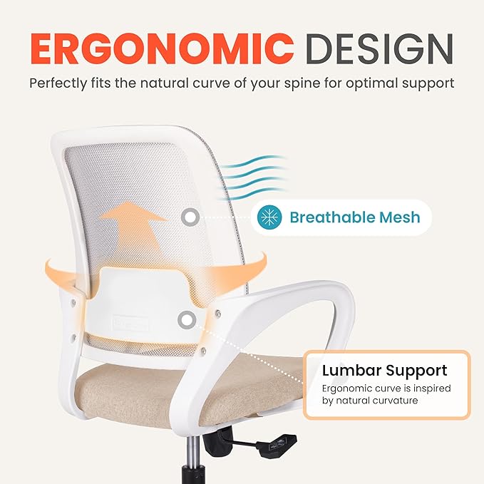 NEO Chair Office Desk Ergonomic Mesh Computer Chair with Lumbar Support Adjustable Height Swivel Rolling Wheels Comfy Mid Back Task Chair for Home Bedroom Vanity Study (Beige)