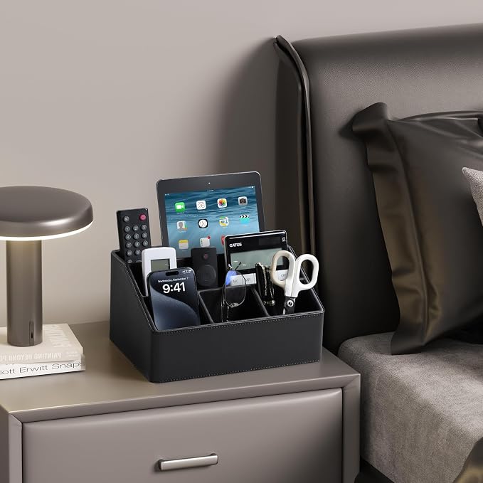 PU Leather Desk Organizer, Remote Control Holder, Black | Luxury Nightstand Organizer for Home, Office Desk Accessories, Bedside Table Caddy with 5 Compartments, Velvet Lining
