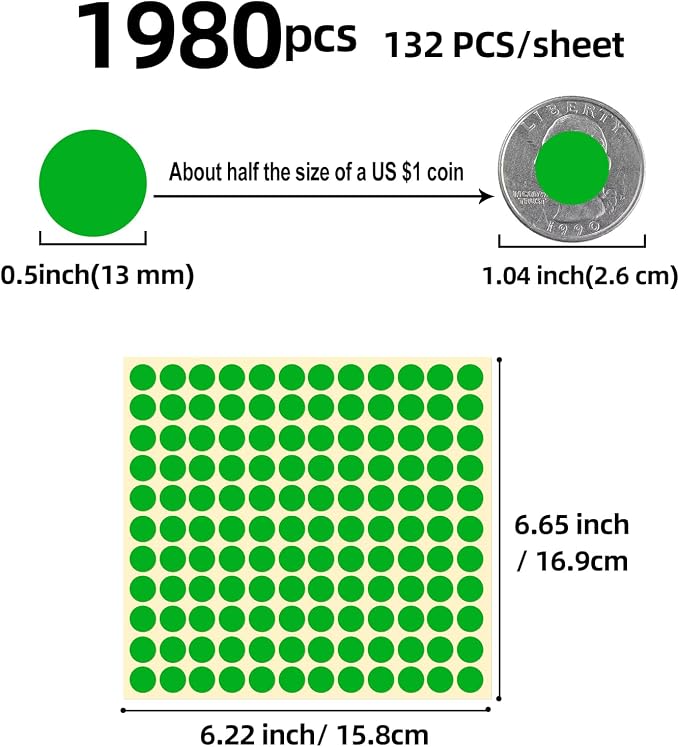 1980 Pcs Dot Stickers 1/2 Inch Green Color Circle Round Stickers Small Code Labels for Office Shop Yard Sale Home Marking (Green, 1/2" (13mm))
