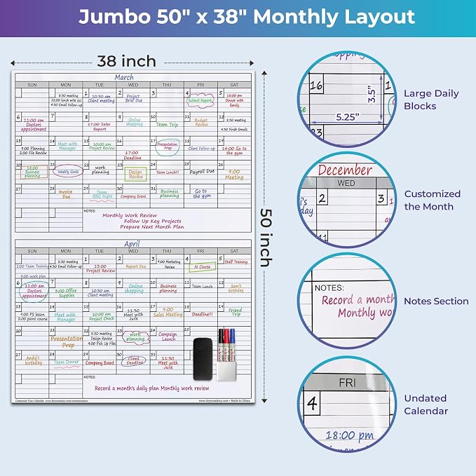 Magnetic Dry Erase Calendar for Wall 2 Month,38 x 50 in Calendar Magnetic | 50x38 Extra Large Giant Huge Monthly Laminated Erasable Whiteboard Calendar, Bimonthly 60 Days Reusable Planning for Office
