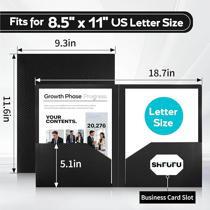 Textured 2 Pocket Plastic Folders（3 Pack,Black）, Durable Letter Size File Folders with Business Card Slot, Heavy Duty Plastic for School Office,Acid-Free,Back to School Supplies