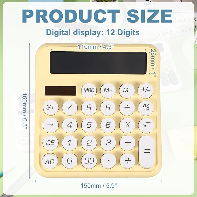 PATIKIL Cute Calculator, Desk Calculator Basic Big Button 12 Digit Large Display Mechanical AAA Battery Solar Power for Office Supplies Girl Female Woman Gift, Yellow