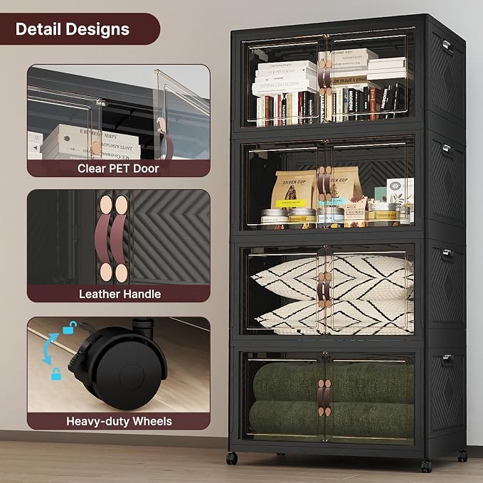 Stackable Storage Bins with Lids, 720QT Lockable Storage Cabinet | Foldable Storage Box with Doors and Wheels, Plastic Drawers for Home, Garage, Office (4, Black, Extra Large)