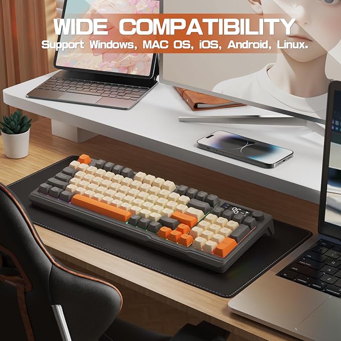 LexonElec M96 Wireless Gaming Keyboard,Knob Control Bluetooth/2.4G Wireless Mechanical Feeling Keyboard,RGB LED Backlit with Display Screen, PBT Keycap,3000mAh, 94-Key Layout for Win/Mac (Shimmer)