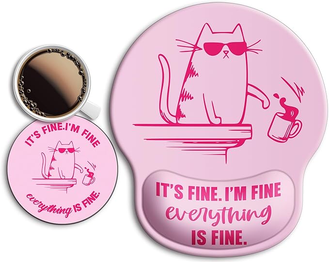 Ergonomic Mouse Pad with Wrist Support Rest,Large Mousepad Gel Wrist Rest, with Coaster Non-Slip & Pain Relief for Computer, Desk, Home&Office-Pink Cute Funny Cat