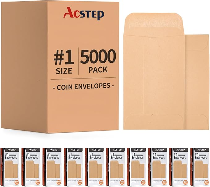 Acko #1 5000Pack Small Coin Envelopes 2-1/4 x 3-1/2, Kraft Mini Key Envelopes with Gummed Flap in Brown, Tip Envelopes for Cash Money Budgeting