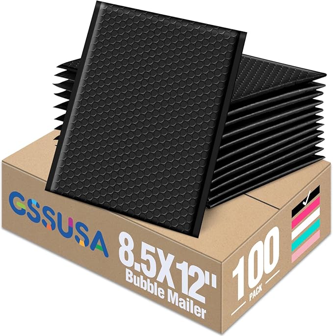 GSSUSA Black Bubble Mailers 8.5x12 Padded Envelopes 100 Pack Self-Seal Packaging Bags, Small Business Supplies, Shipping Envelopes, Mailing Bags, Packaging for Small Business, Black