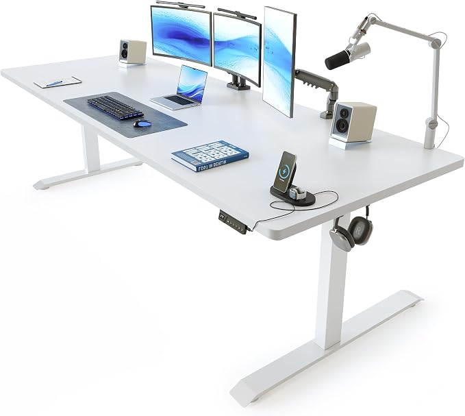 FEZIBO Standing Desk 83 × 37 Inch Electric Height Adjustable, White | 1" Thick Large Adjustable Desk with Integrated Dual-Beam, Cable Management, Computer Desk for Home Office Workstation