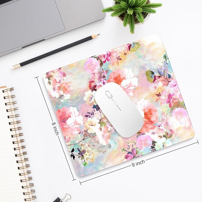 Mouse Pad, Minimalism Marble Style Computer Pad, Anti-Slip Rubber Mouse Mat with Stitched Edges for Gaming, Office, Laptop, PC, Women, 9" x 8" Thick 3 mm, Colorful Flower