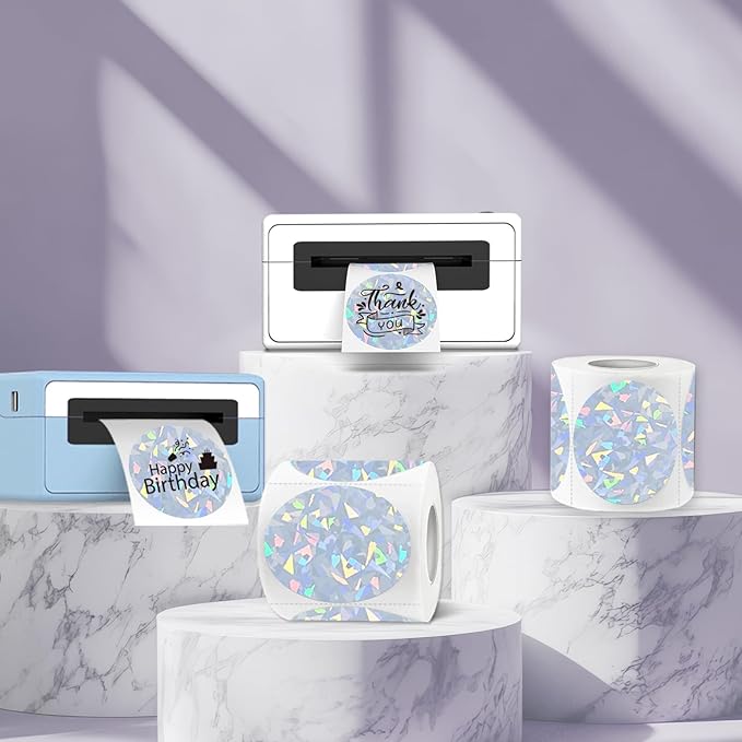 3 Inch Holographic Thermal Labels,Round Thermal Printer Labels,Waterproof Thermal Printer Stickers for DIY Logo Design,Name Tag,QR Code,Thanks Card 150 Labels/Roll (Glass Fragments)
