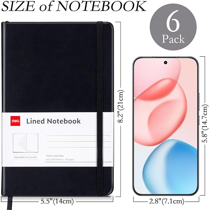 deli 6 Pack Black Lined Journal Notebook for Work, Moleskine Notebooks, A5 (5.5"x8.3"), 160 Pages Hardcover Journaling Notebooks, Black College Ruled Notebooks for Notes-taking/Work/Travel