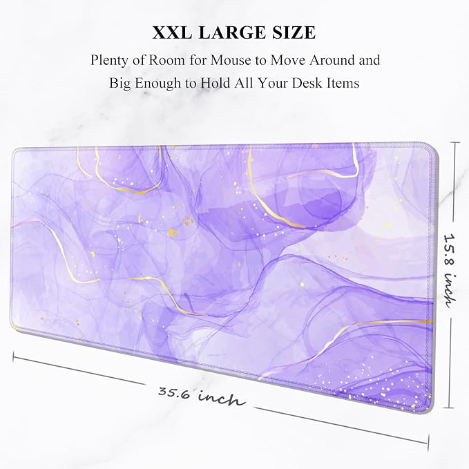 Auhoahsil Large Mouse Pad, XXL Gaming Mousepad, Desk Mat for Desktop, Thick Rubber, Big & Long Size, Stitched Edges, Full Desk Pad for Laptop & Computer, Extended 35.4 x 15.7 in, Purple Gold Marble