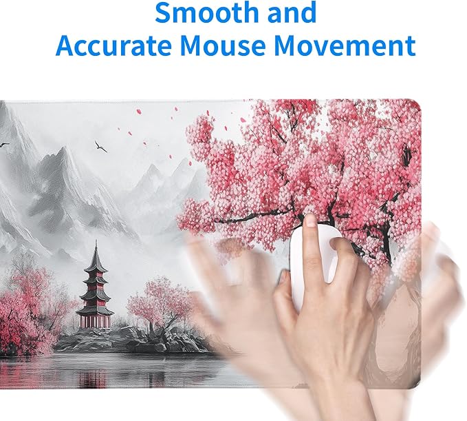 Retro Cherry Blossoms Mouse Pad 31.5x11.8 Inch White Full Desk Japanese Mousepad Extended Large Non-Slip Rubber Base Waterproof Big Keyboard Mat with Stitched Edges for Gaming and Office