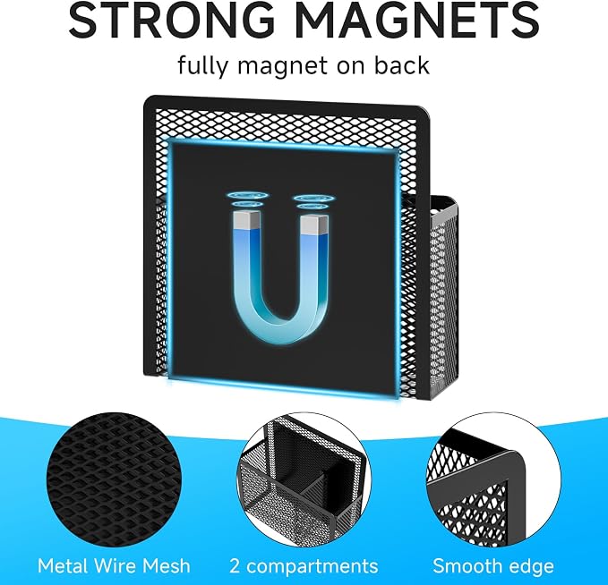Marbrasse Magnetic Dry Erase Marker Holder, Mesh Pen Holder for Whiteboard，Magnet Pencil Organizer Storage for Refrigerator Locker Accessories Organizer for Home, School and Office(Black)