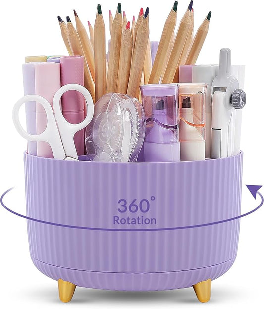 Pencil Pen Holder for Desk, 5 Slots 360-Degree Rotating Desktop Organizer, Cute Desk Organizers and Accessories for School, Home, Office and Art Supply, Purple