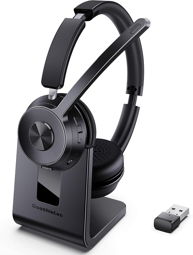 Wireless Headset with Mic for Work, Bluetooth Headset with Noise Cancelling | Headphones with Microphone Mute & USB Dongle for PC/Computer/Laptop/Cell Phones/Remote Work/Call Center (Black)