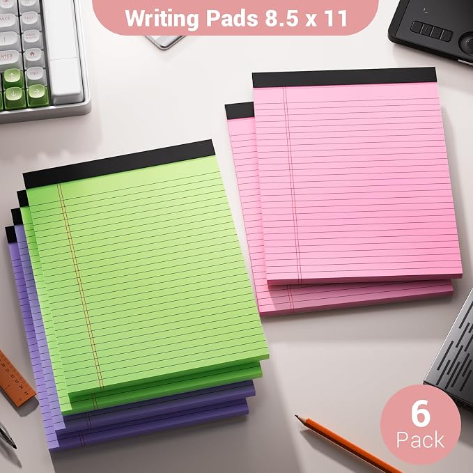 Legal Pads 8.5 x 11 Inch, 6 Pack, Colored Notebook Paper, 8.5 x 11 Colored | Legal Pad, Micro Perforated Lined Paper Notepads 8.5 x 11, 30 sheets, Colored Paper Writing Pads for Office Home School