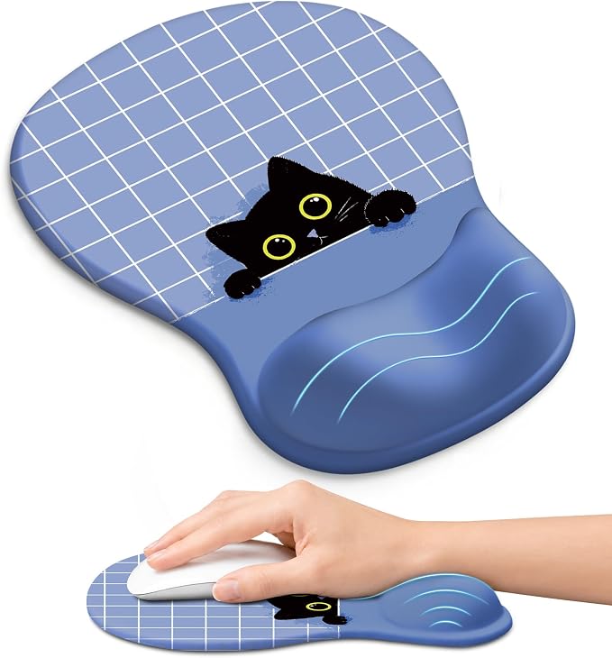 Ergonomic Mouse Pad with Wrist Rest, Gel Wrist Support, Blue Cat | 10.2 x 7.6 in Mouse Pad with Smooth Fabric Surface and Non-Slip Rubber Base for Office, Home, Study, and Gaming