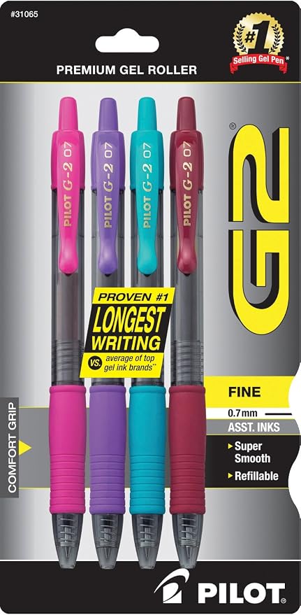 PILOT G2 Rolling Ball Gel Pens, Purple/Pink/Turquoise/Burgundy Inks, 4-Pack