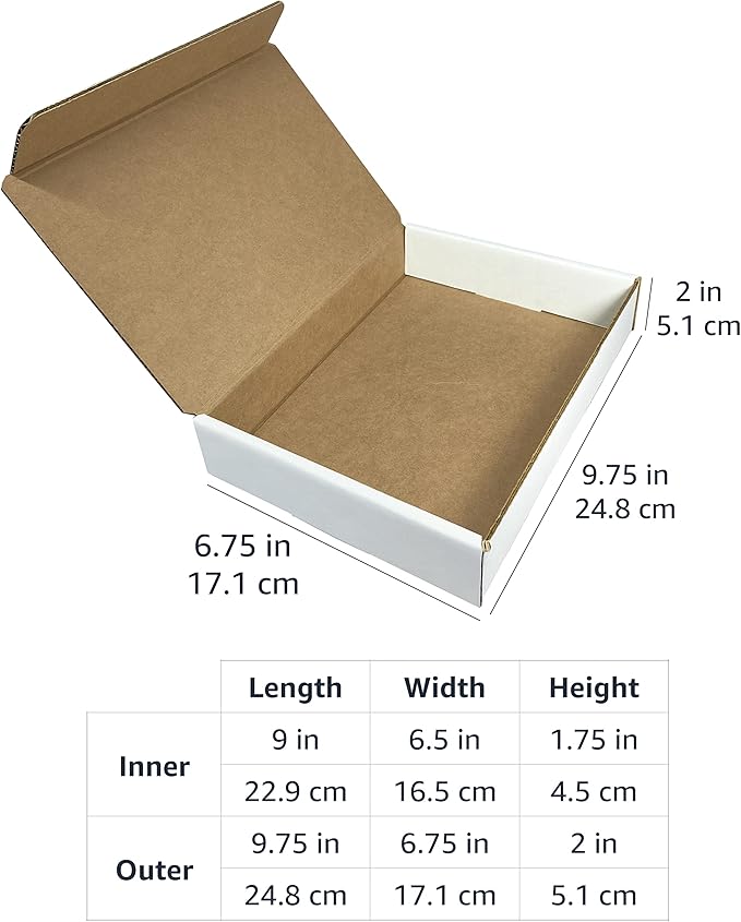 Amazon Basics Mailer Shipping Boxes - 9x6.5x2 inch, White, 50 Pack, Small Corrugated Cardboard Box