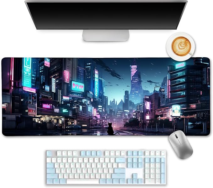 LIMKRIAN Cyberpunk Mouse Pad, Japanese Anime Cat Neon Tokyo Desk Mat Pad | Stitched Edges, Non-Slip, Large Mouse Pads for Desktop Computer Laptop Office Work Game Home, 31.5x11.8 in, Desk Accessories