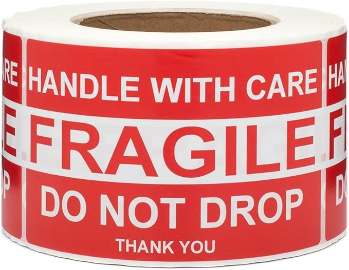 RBHK 4" x 6" Fragile Stickers Handle with Care Warning Packing/Shipping Labels, 500 Permanent Adhesive Labels Per Roll, 1 Roll