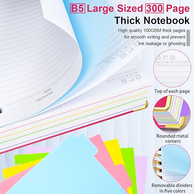Hardcover Spiral Notebook 8"x10" Journal Notebook with Tabs and Removable Dividers 300 Pages 5 Subject Notebook College Ruled, Faux Leather Spiral Bound Notebook for Women School Work (Rose Red)