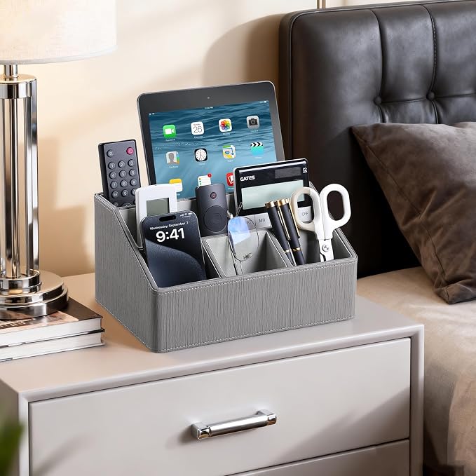 PU Leather Desk Organizer, Remote Control Holder, Grey | Luxury Nightstand Organizer for Home, Office Desk Accessories, Bedside Table Caddy with 5 Compartments, Velvet Lining