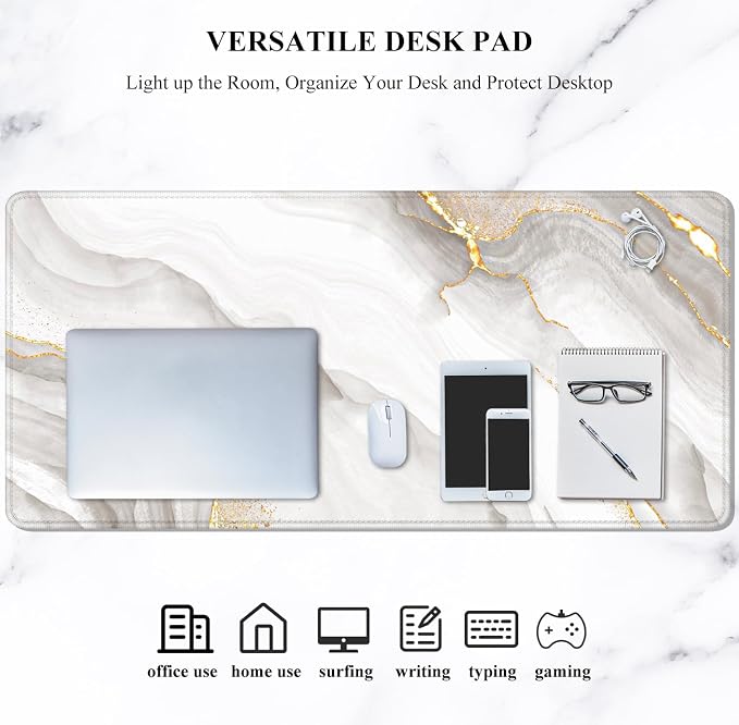 Auhoahsil Large Mouse Pad, XXL Gaming Mousepad, Desk Mat for Desktop, Thick Rubber, Big & Long Size, Stitched Edges, Full Desk Pad for Laptop & Computer, Extended 35.4 x 15.7 in, Gold Gray Marble