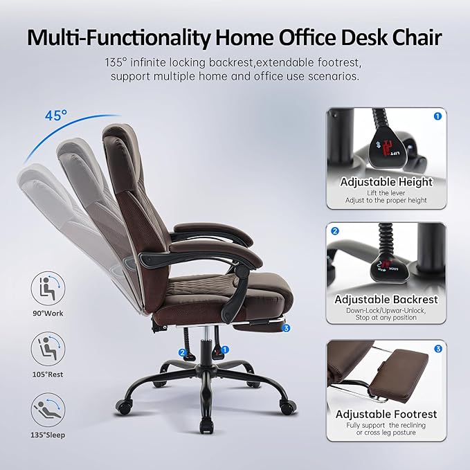 Office Chair, Big and Tall Office Chair with Foot Rest Ergonomic Desk Chairs Reclining High Back Leather Chairs with Lumbar Support(Brown)