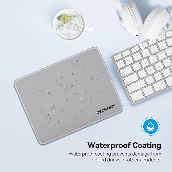 TECKNET Mouse Pad with Anti-fray Stitching, Waterproof Surface & Non-Slip Rubber Base with Stitched Edges Gaming Mouse Mat for Laptop，Compatible with Laser and Optical Mice - Grayish White