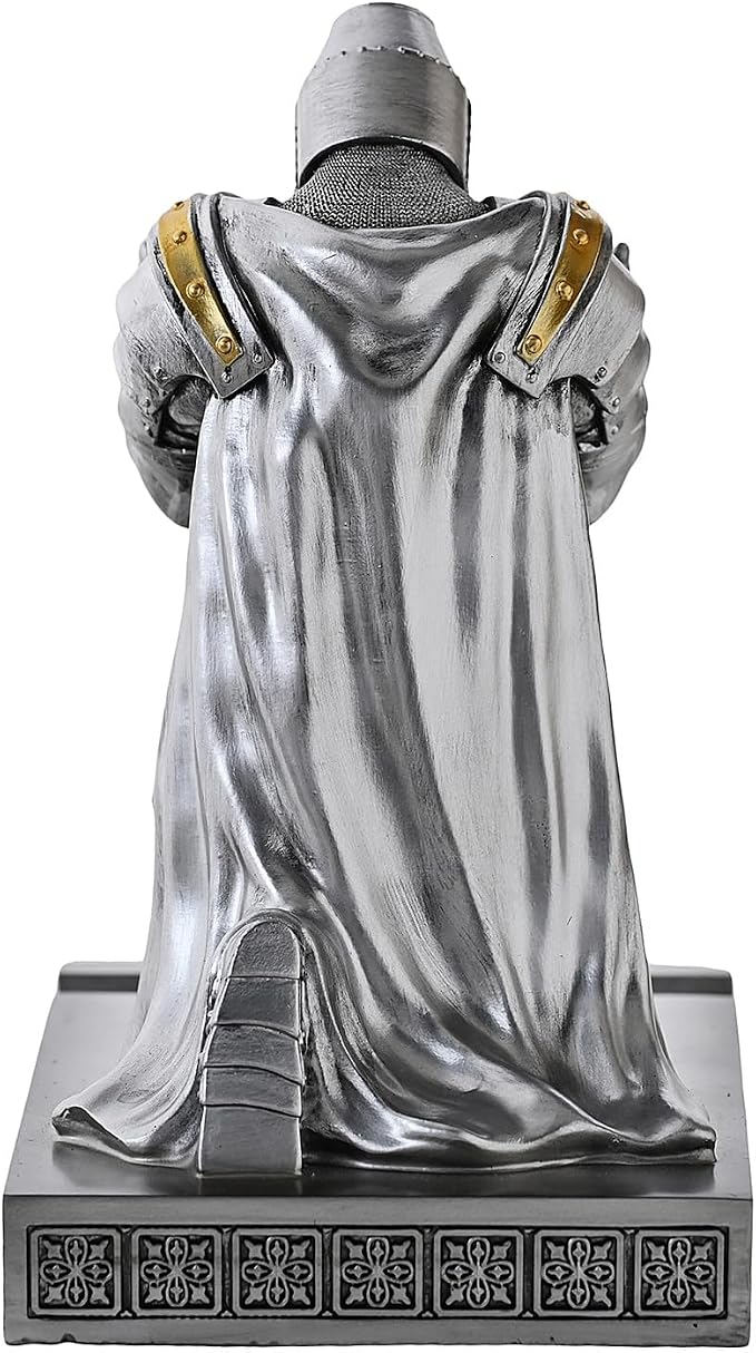Medieval Templar Vanguard Officer Knight Pen Holder Desk Organizers Silver | Pencil Stand Paperweight Desktop Decoration Accessories Cell Phone Stand with a Fancy Sword for Medieval Warrior Enthusiast