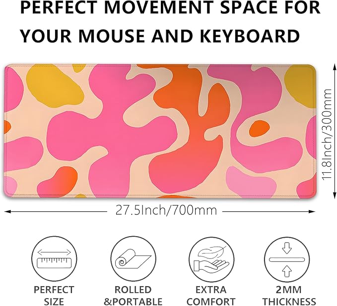 Pink Abstract Desk Mat Mouse Pad,Mouse Mad XL Cute Desk Pad Keyboard Mat,Desk Accessories for Women Office Decor, Extended Mousepad Non-Slip Rubber Base with Stitched Edges(27.5X11.8 in)