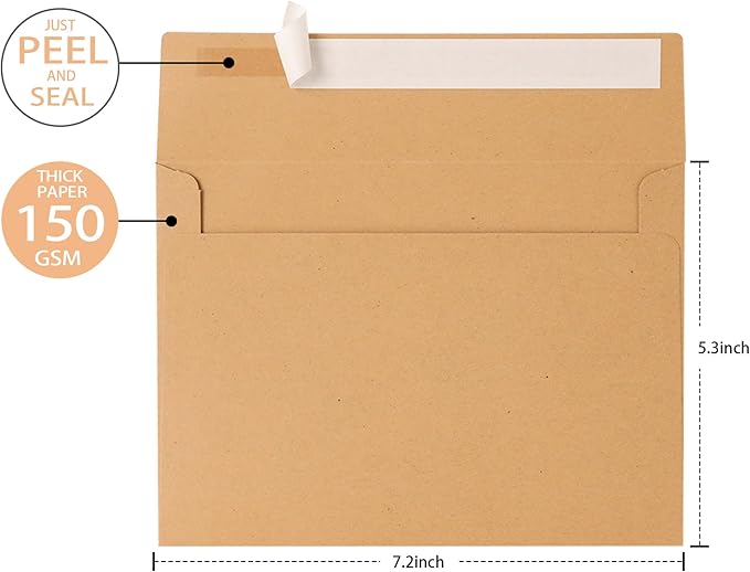 Kraft Kraft Paper Envelopes, 50 Pack, 5 x 7 Inch, Brown, A7, Card, Personalize Gift, Wedding, Birthday, Invitations, Postcard