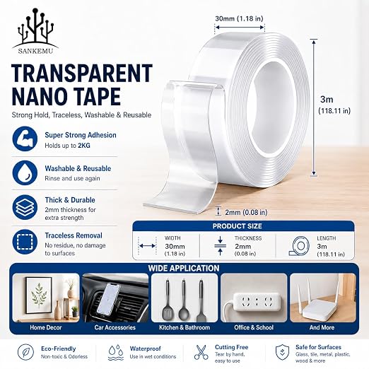 SANKEMU Double-Sided Tape Heavy Duty 9.84 FT x 1.18 in – Clear Removable Mounting Tape for Walls, Carpet, Rugs, Posters – Reusable, No-Residue, Indoor/Outdoor Nano Gel Grip