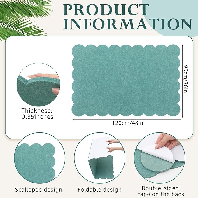 Scalloped Felt Bulletin Board 48 x 36 Inches Foldable Forest Green Pin Cork Board Alternative for Wall, 4' x 3' Trifold Picture Vision Self Adhesive Bulletin Decorative