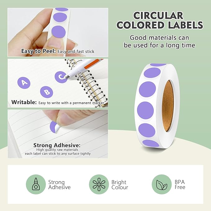 PARLAIM 10000pcs 1/2 Inch Diameter Round Color-Code Dot Stickers, 10 Rolls Adhesive Lavender Circle Labels for Office Classroom