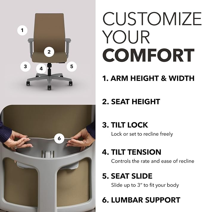 HON Ignition 2.0 Ergonomic Office Chair, Lumbar Support, Quicksand | Ergonomic office desk chair with lumbar support, adjustable arms, office decor, workstation comfort for focused productivity