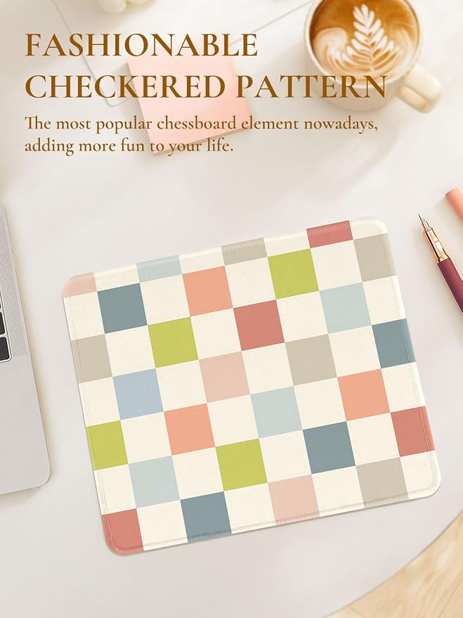 Cute Colorful Mouse Pad,Retro Checkered Pattern Mousepad,Square Aesthetic Waterproof Mouse Mat Design, Non-Slip Rubber Base Funny Boho Small Mouse Pads, Desk Accessories,Beige Light Colors