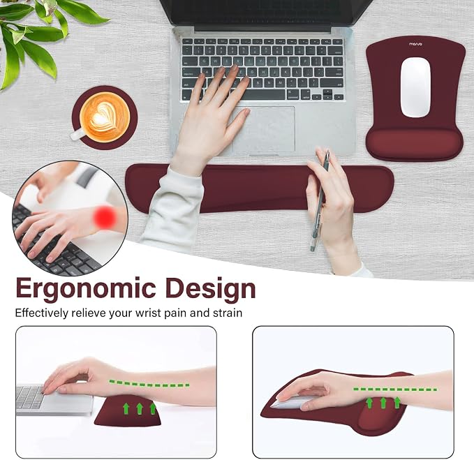 MOSISO Wrist Rest Support for Mouse Pad&Keyboard Set, Wine Red | Ergonomic Mousepad&Coaster Non-Slip Base Home/Office Pain Relief&Easy Typing Cushion with Neoprene Cloth&Raised Memory Foam